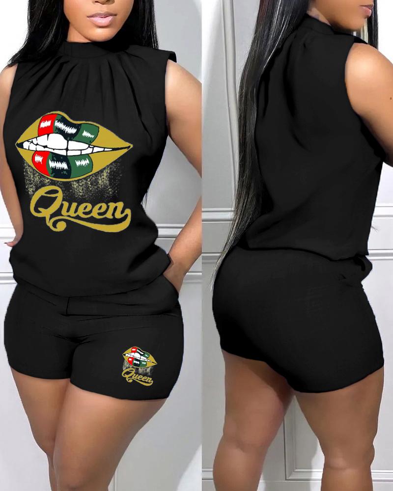 

Lip Queen Print Ruched Sleeveless Tank Top & Pocket Design Shorts Set, Black