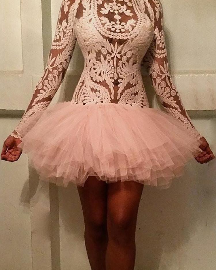 

Long Sleeve See Through Mesh Tutu Dress, Pink