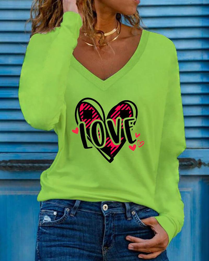 

Valentine' Day Heart Letter Print Long Sleeve Top, Green