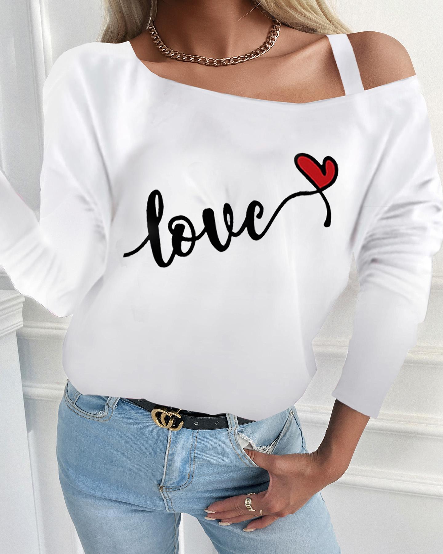 

Cold Shoulder Letter Heart Print Women Top, White