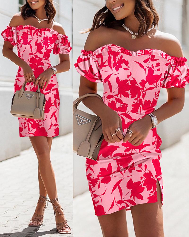 

Off Shoulder Frill Hem Plants Print Dress, Red