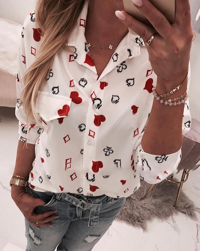 

Heart Print Long Sleeve Casual Shirt, White