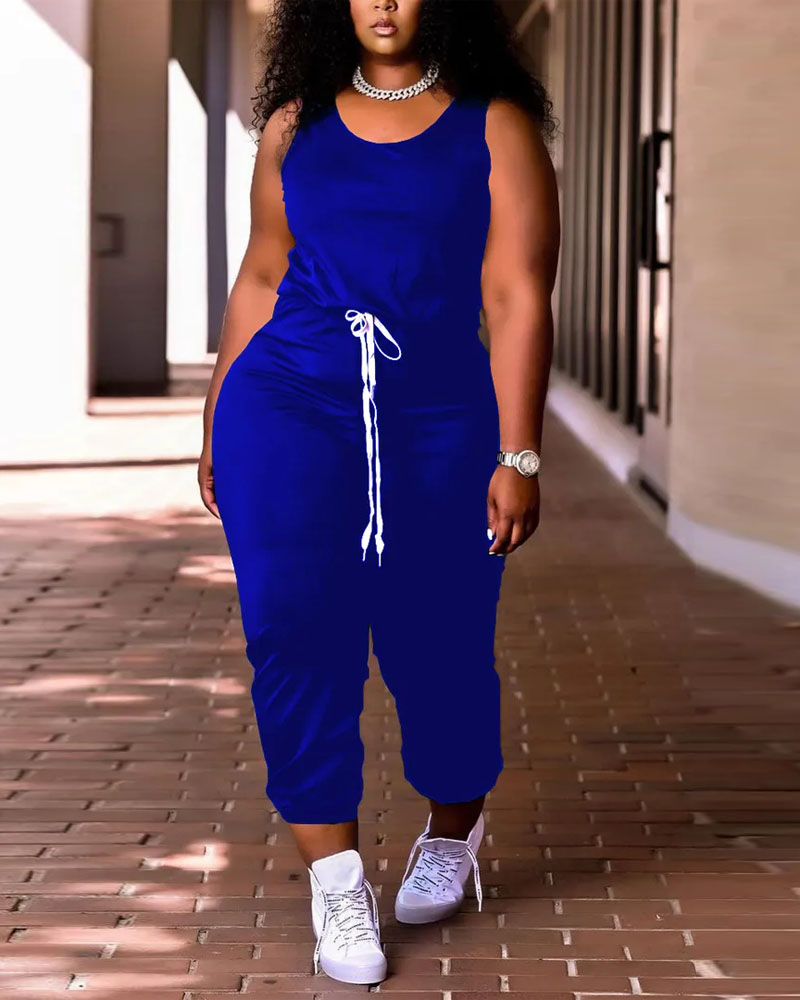 

Sleeveless Drawstring Waist Casual Jumpsuit, Blue