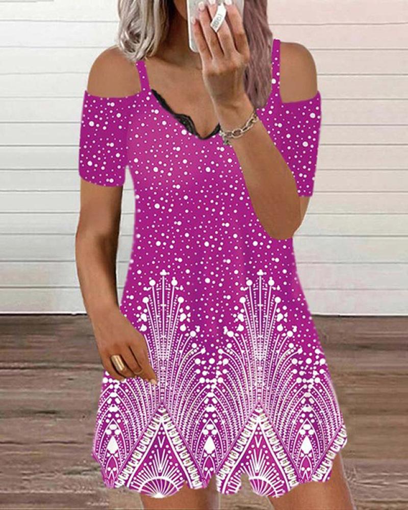

Allover Print Cold Shoulder Lace Trim Casual Dress, Purple