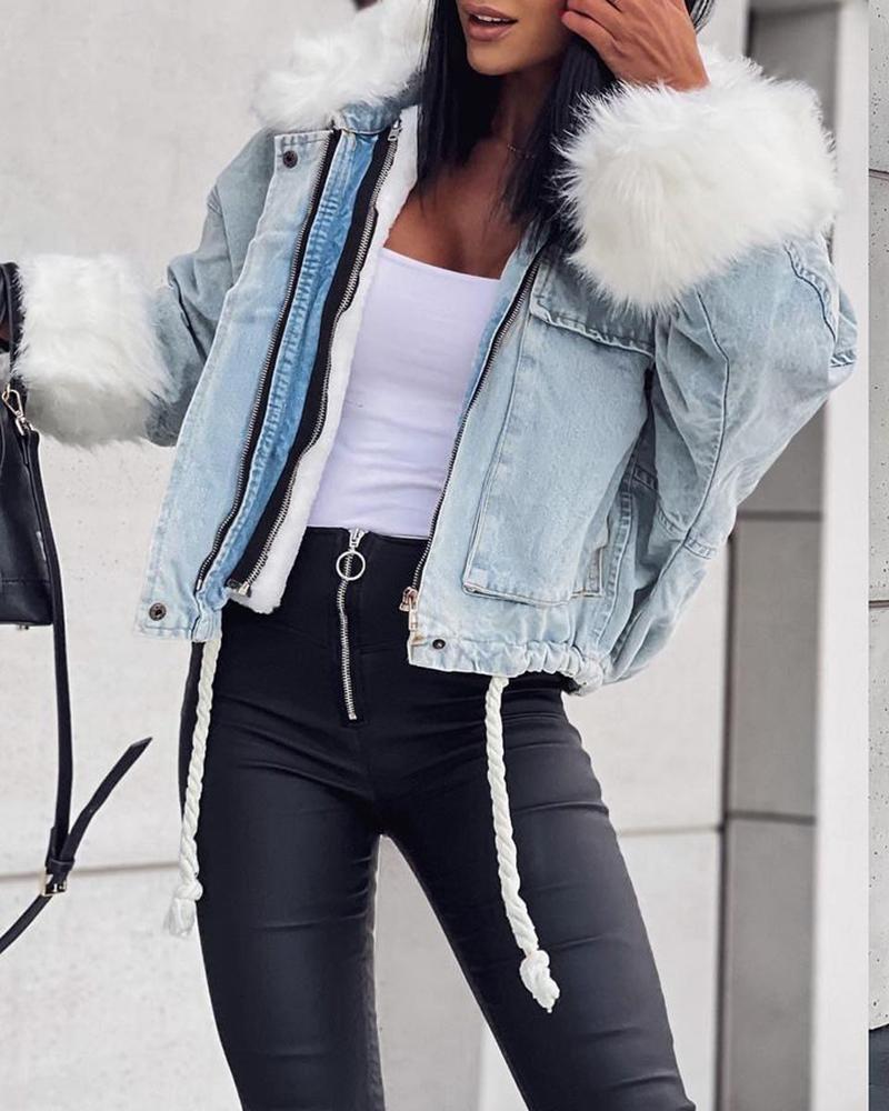 

Zipper Front Long Sleeve Drawstring Denim Jacket, Blue