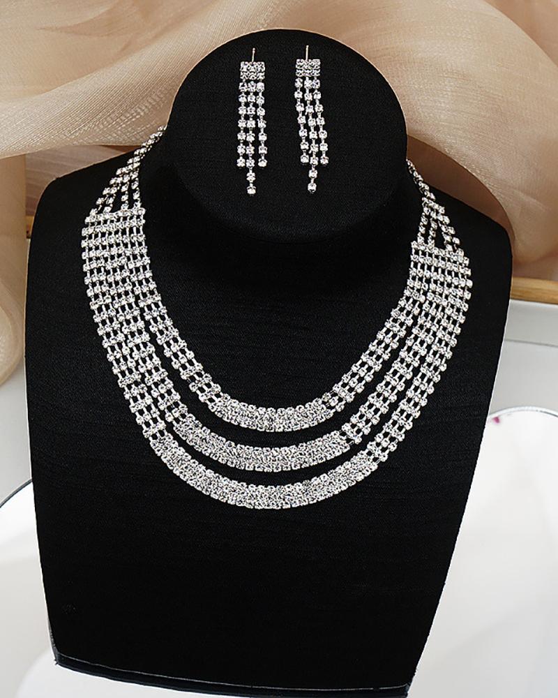 

Rhinestone Decor Tassel Design Earrings & Necklace Jewelry Set, Silver