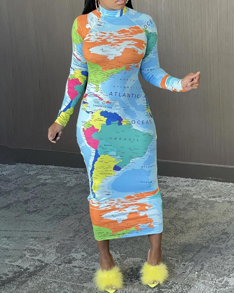 

Mock Neck Map Print Long Sleeve Maxi Dress, Light blue