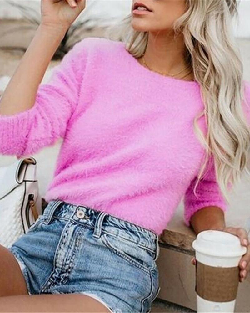 

Fluffy Long Sleeve Knit Casual Sweater, Purple