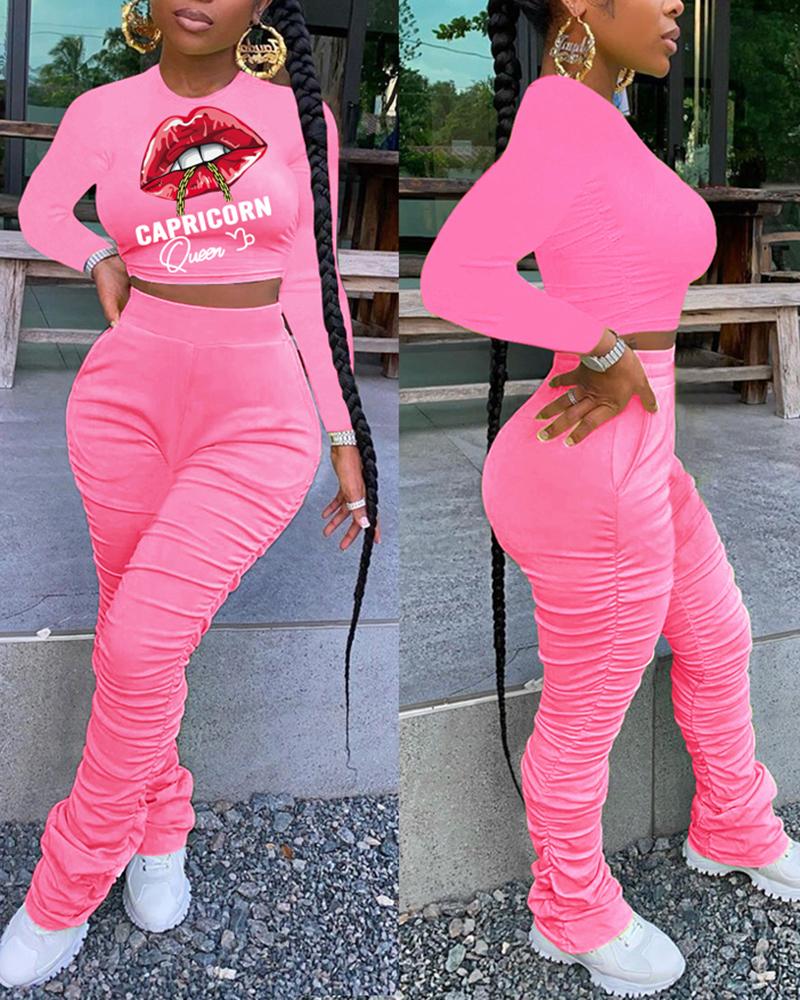 

Lip Letter Print Top & Ruched Pants Set, Pink