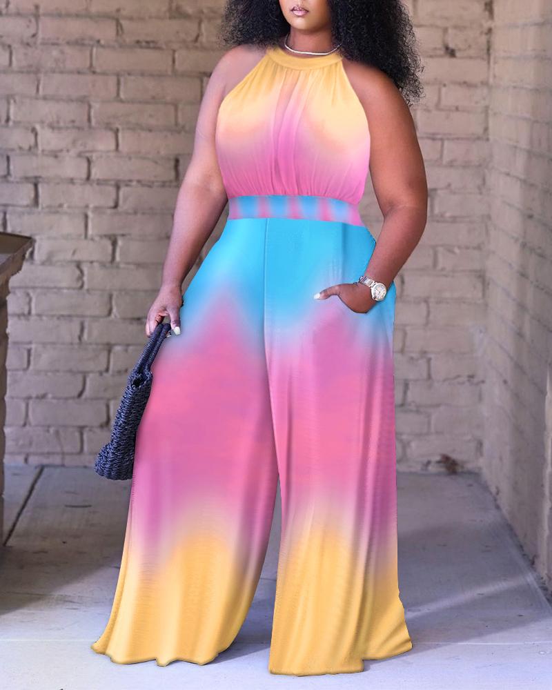 

Plus Size Ombre Tie Dye Print Wide Leg Jumpsuit, Multicolor