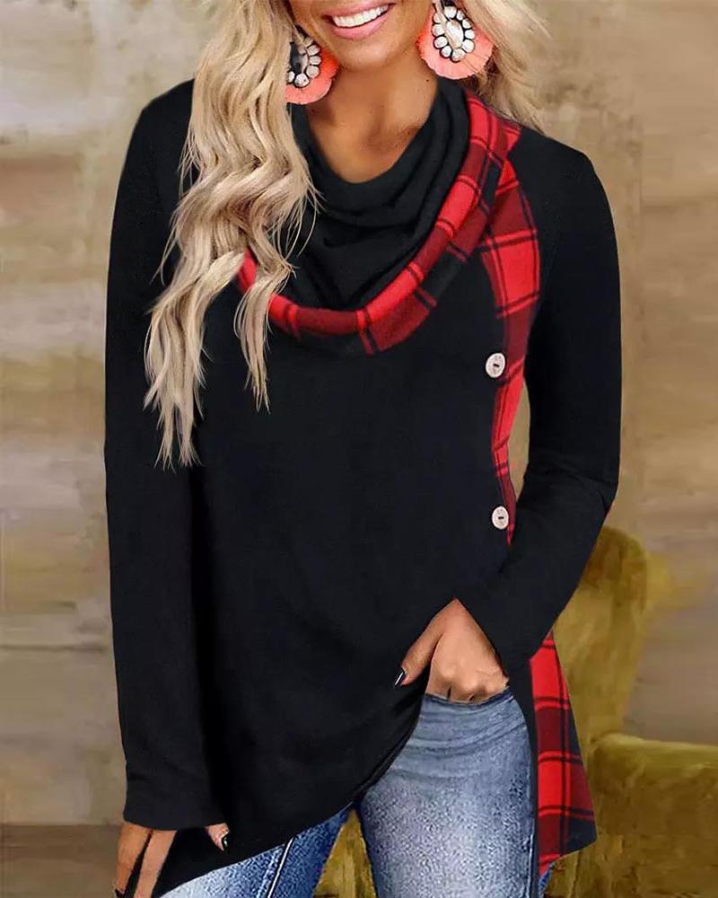 

Contrast Plaid Button Decor Long Sleeve Hoodie, Black