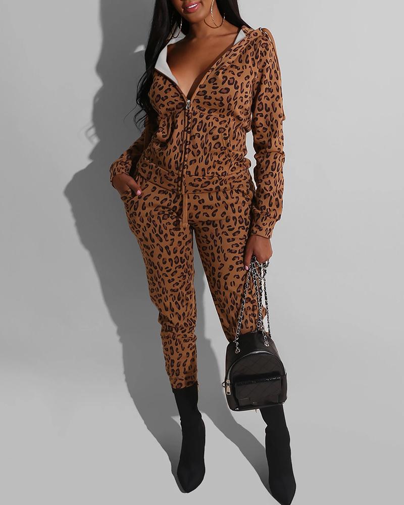 

Cheetah Print Hooded Coat & Pocket Design Pants Set, Brown