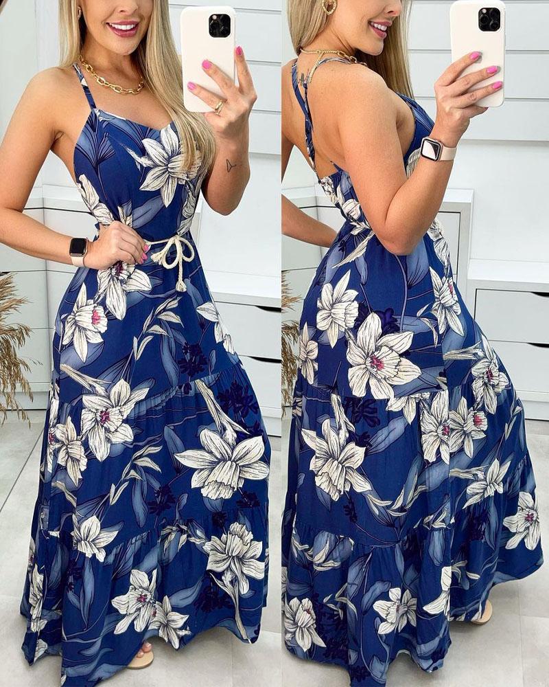

Floral Print Criss Cross Backless Cami Maxi Dress, Blue