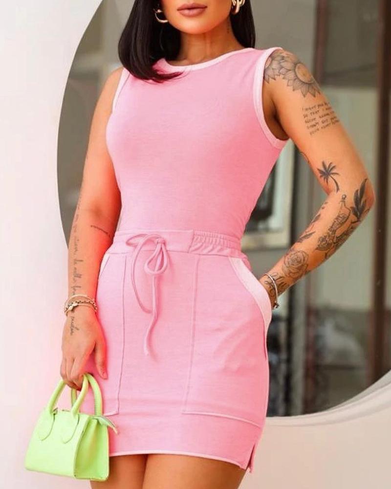 

Contrast Binding Top & Pocket Design Skirt Set, Pink