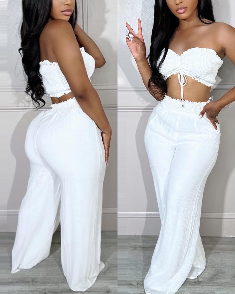 

Drawstring Bandeau Shirred Tube Top & Pants Set, White
