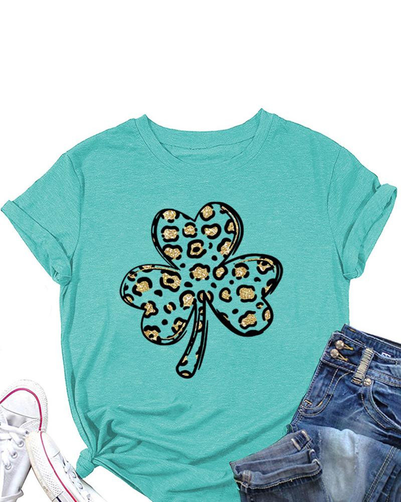 

St.Patrick' Day Four Leaf Clover Cheetah Print Short Sleeve Top, Blue