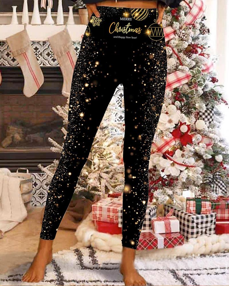 

Christmas Print High Waist Fleece Lined Leggings, Black