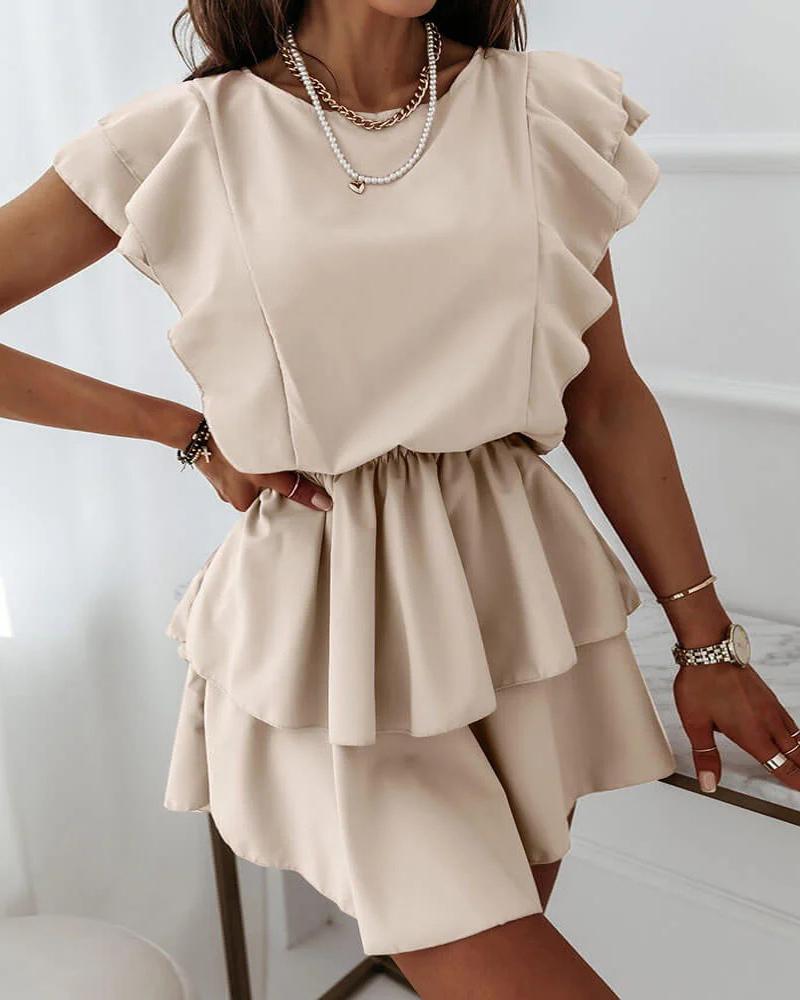 

Layered Ruffles Short Sleeve Casual Dress, Apricot