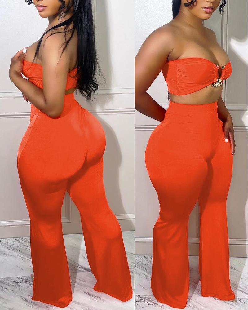 

Metal Decor Crop Tube Top & High Waist Pants Set, Orange