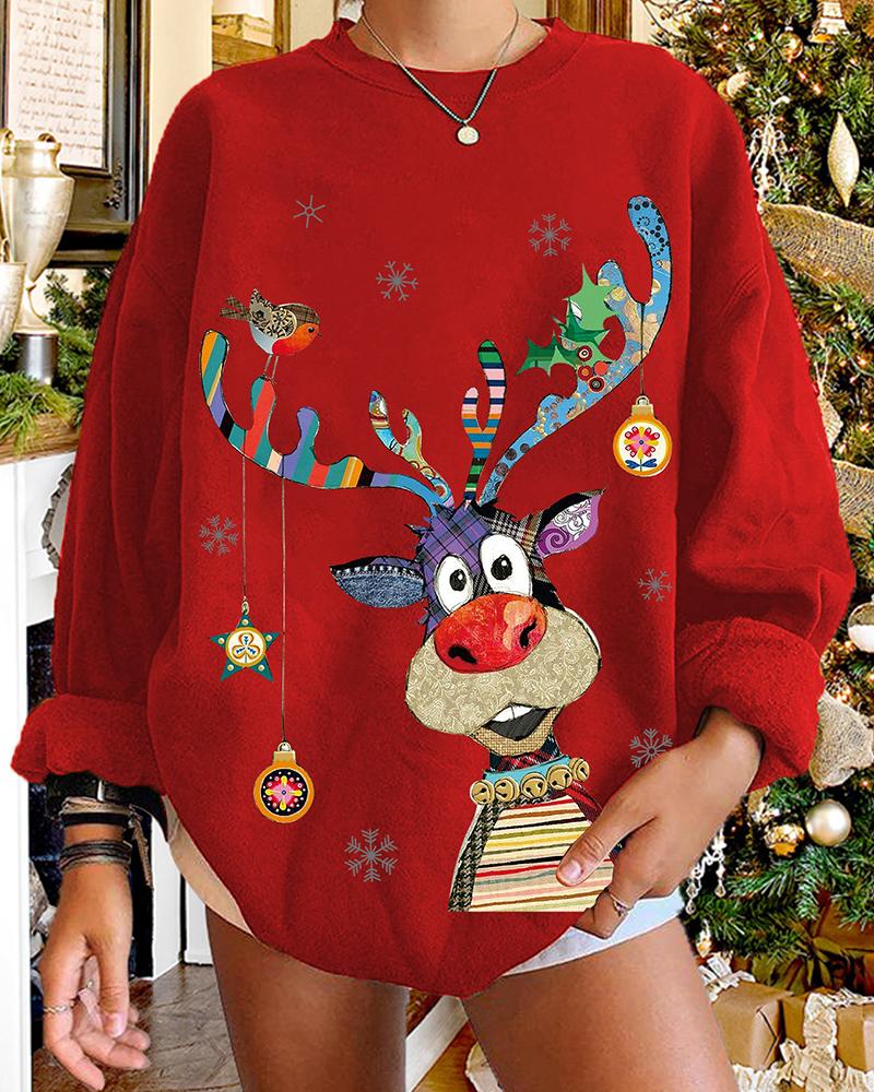 

Christmas Elk Print Long Sleeve Sweatshirt, Red