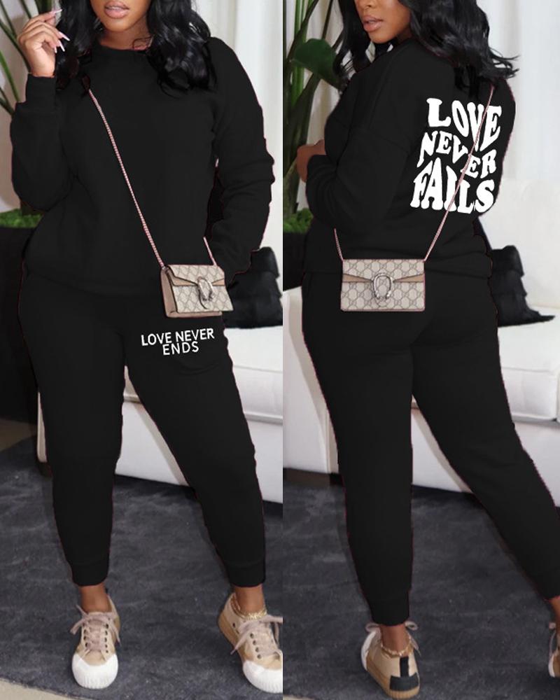 

Letter Print Long Sleeve Casual Top & Pants Set, Black