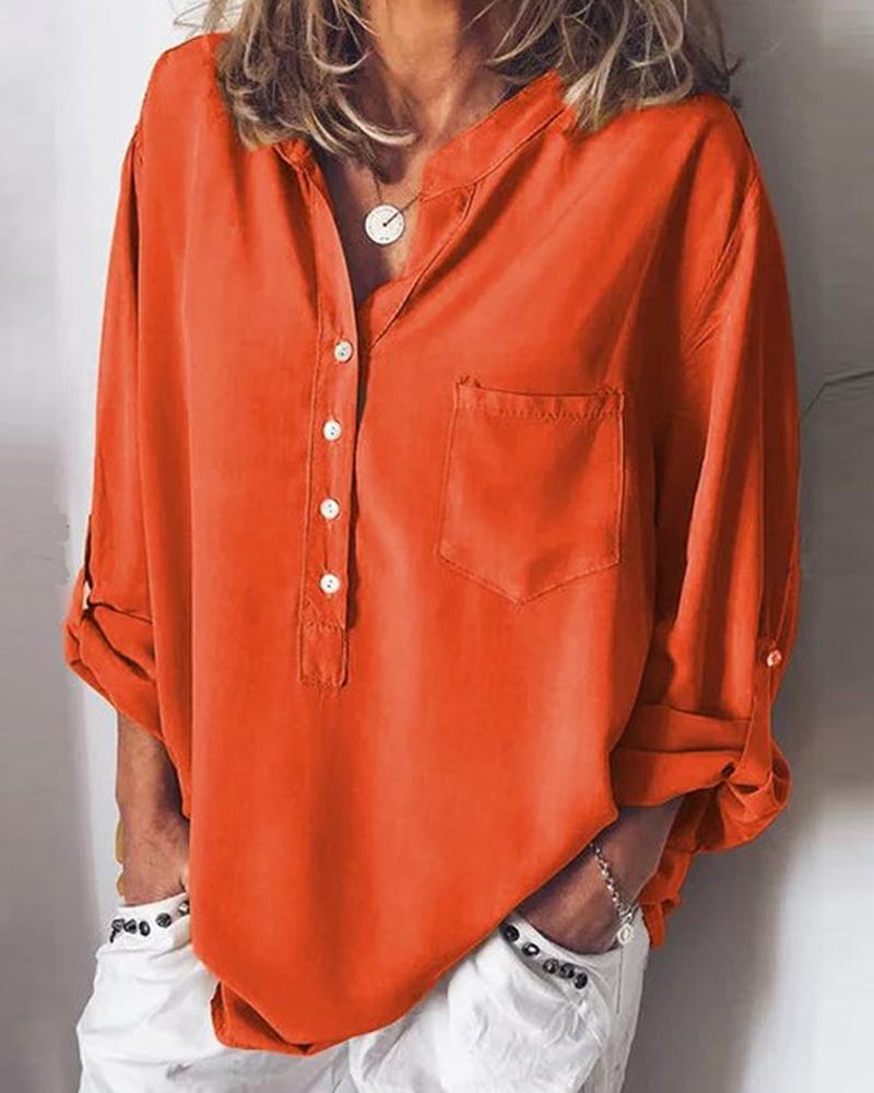 

Long Sleeve Solid Half Button Blouse, Orange