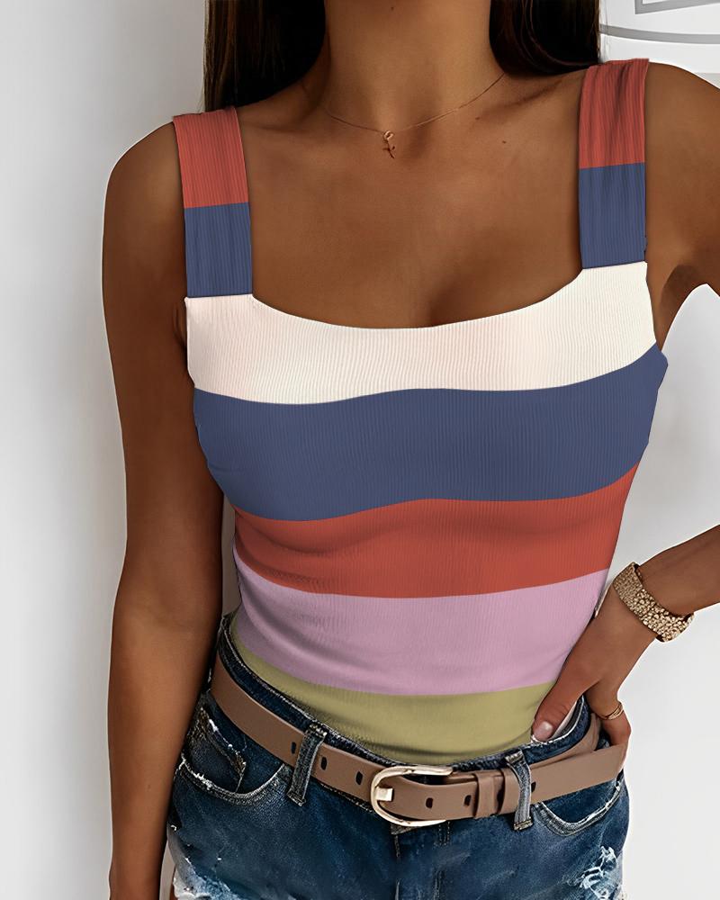 

Striped U-Neck Thick Strap Knit Tank Top, Multicolor