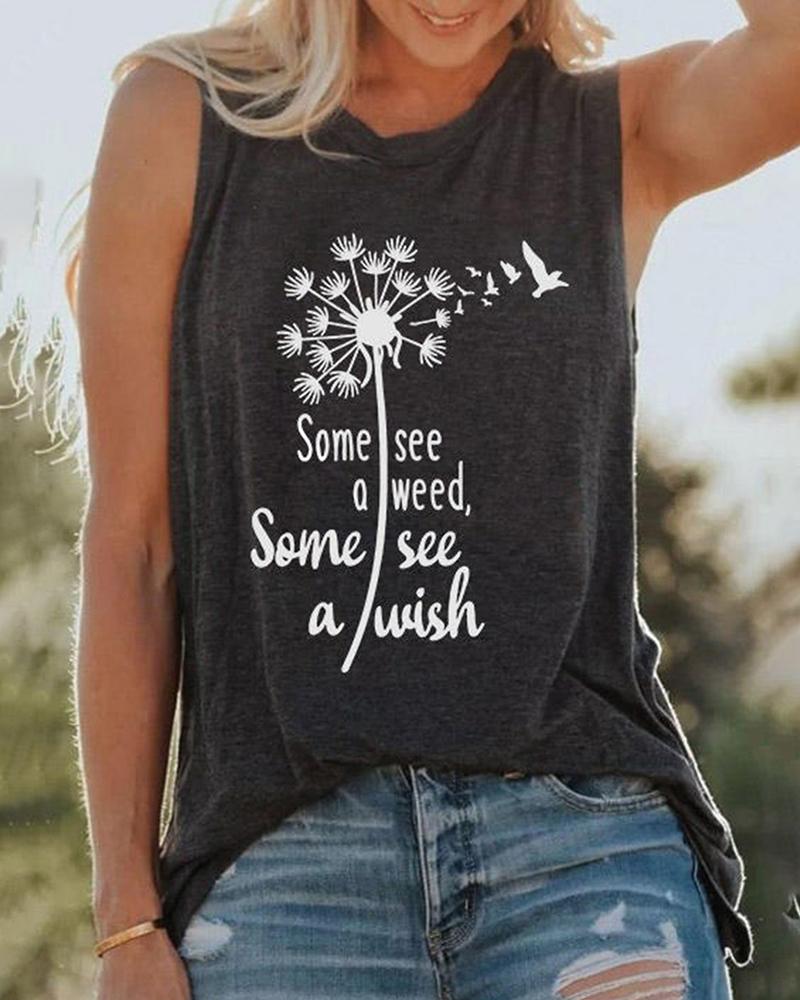 

Slogan Print Round Neck Tank Top, Dark grey