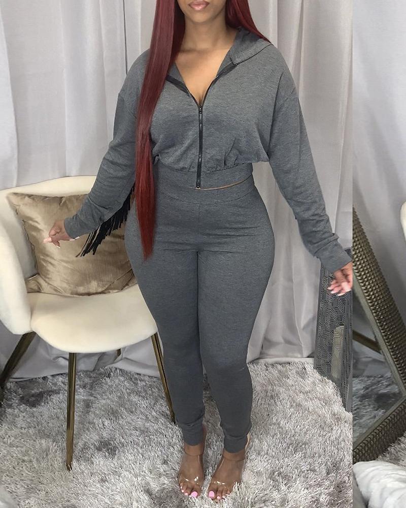 

Tassel Design Batwing Sleeve Hooded Crop Coat & Skinny Pants Set, Gray