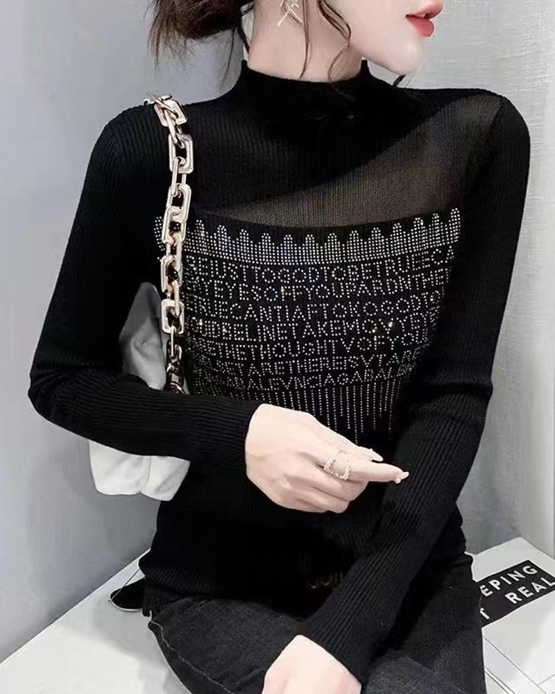 

Rhinestone Letter Pattern Contrast Mesh Long Sleeve Knit Top, Black