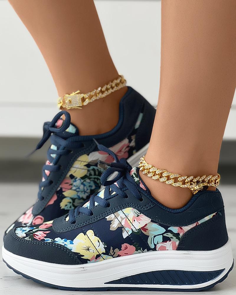 

Floral Print Lace-up Sneakers, Purplish blue