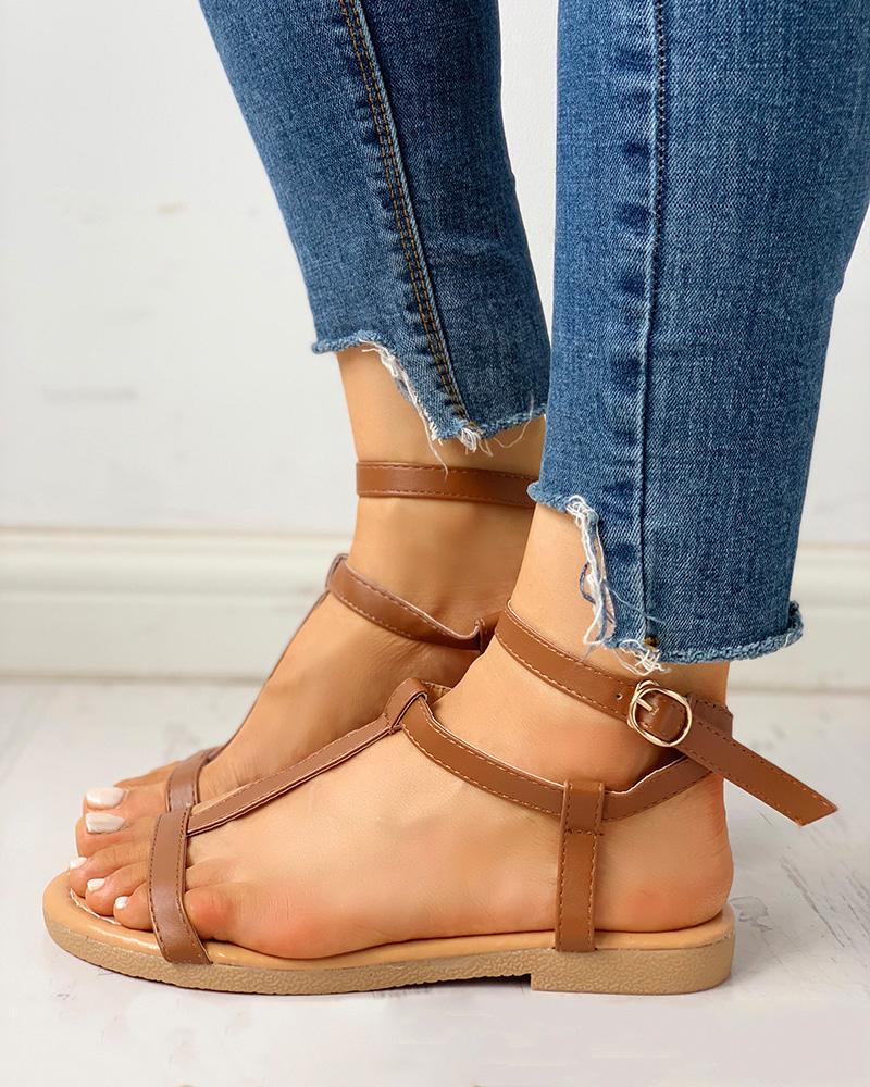 

Open Toe T-Strap Flat Sandals, Brown