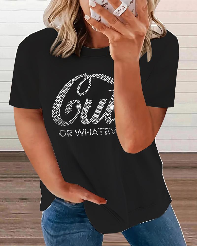 

Plus Size Rhinestone Cute Or Whatever Pattern T-Shirt, Black
