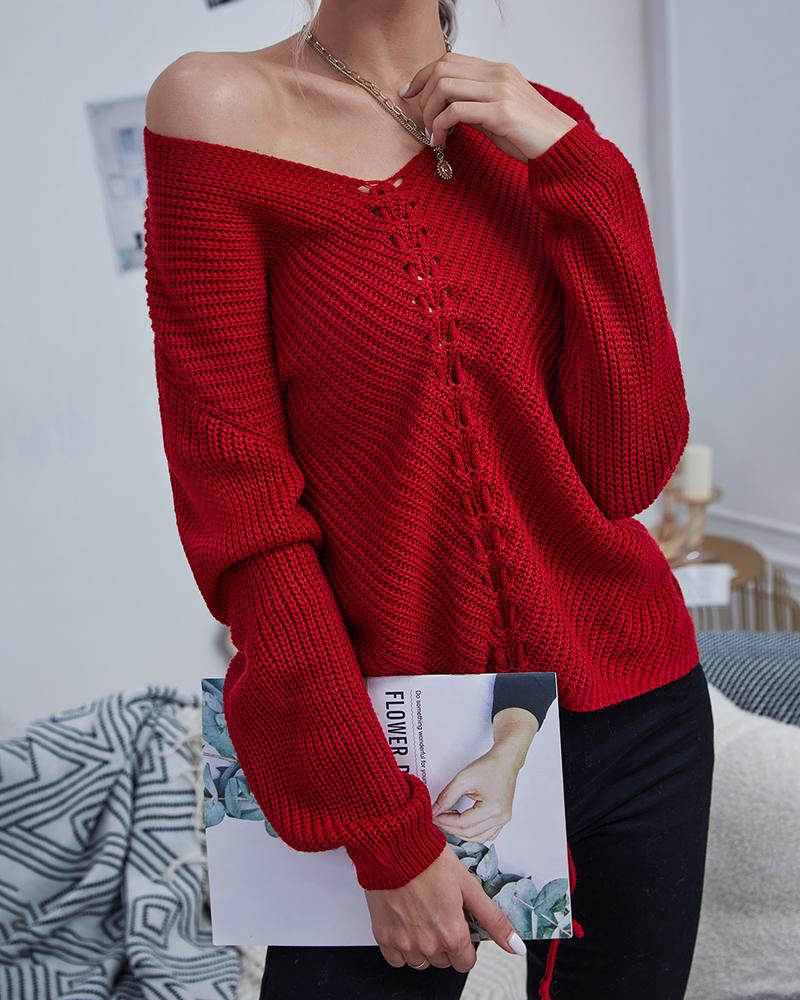 

V-Neck Drawstring Drop Shoulder Sweater, Red