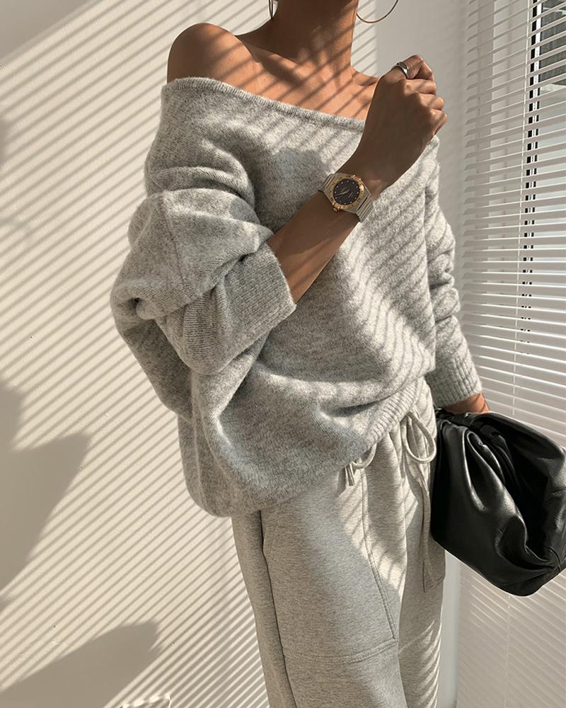 

Off Shoulder Long Sleeve Sweater, Gray