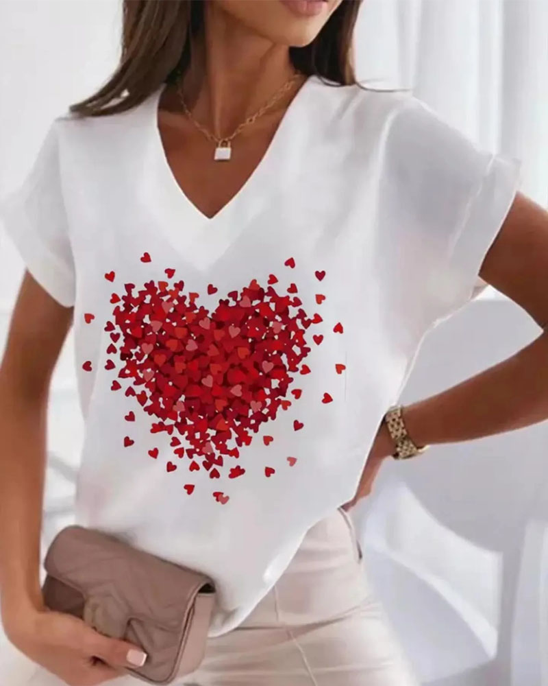 

Heart Print Short Sleeve V-Neck Casual T-shirt, White
