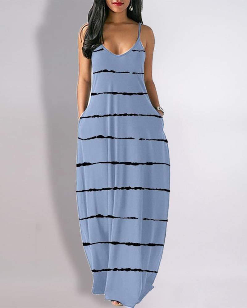 

Tie Dye Print Pocket Detail V-Neck Casual Dress, Blue