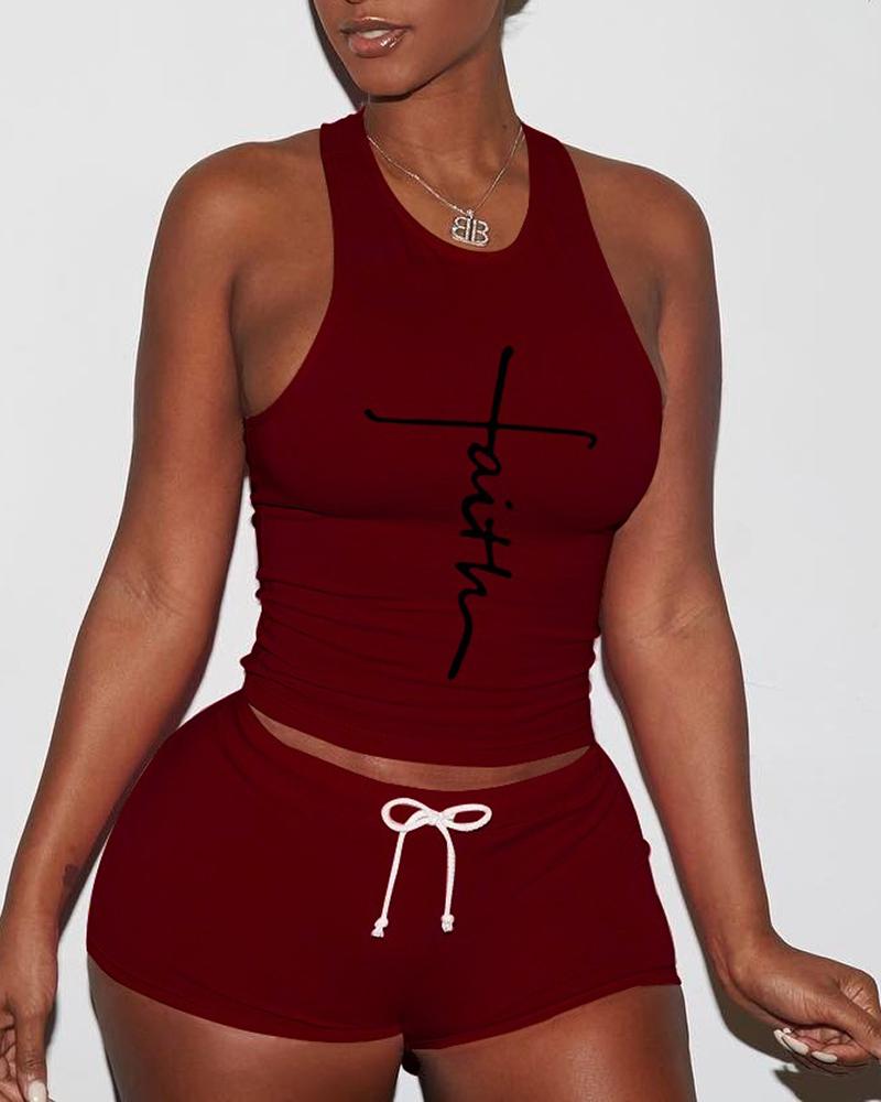 

Letter Print Tank Top & Drawstring Shorts Set, Wine red