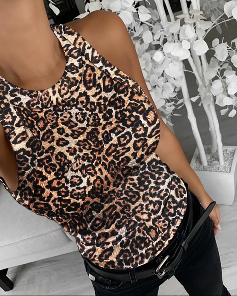 

Cheetah Print Tank Tops Summer Sleeveless Basic Cami Top Shirt Slim Knit Ribbed Racerback Blouses, Leopard