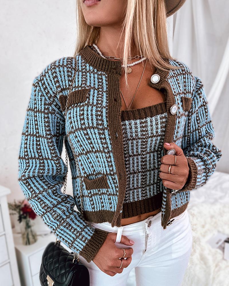 

Tweed Colorblock Buttoned Cardigan With Crop Top, Blue