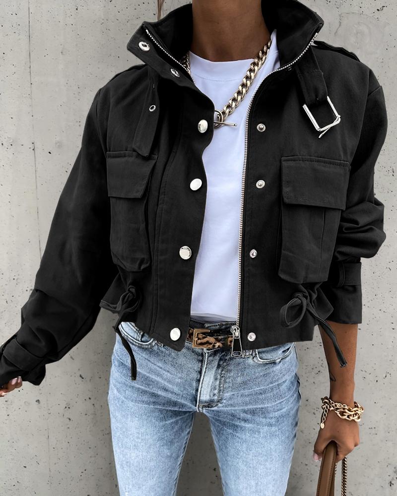 

Pocket Button Design Long Sleeve Biker Jacket, Black