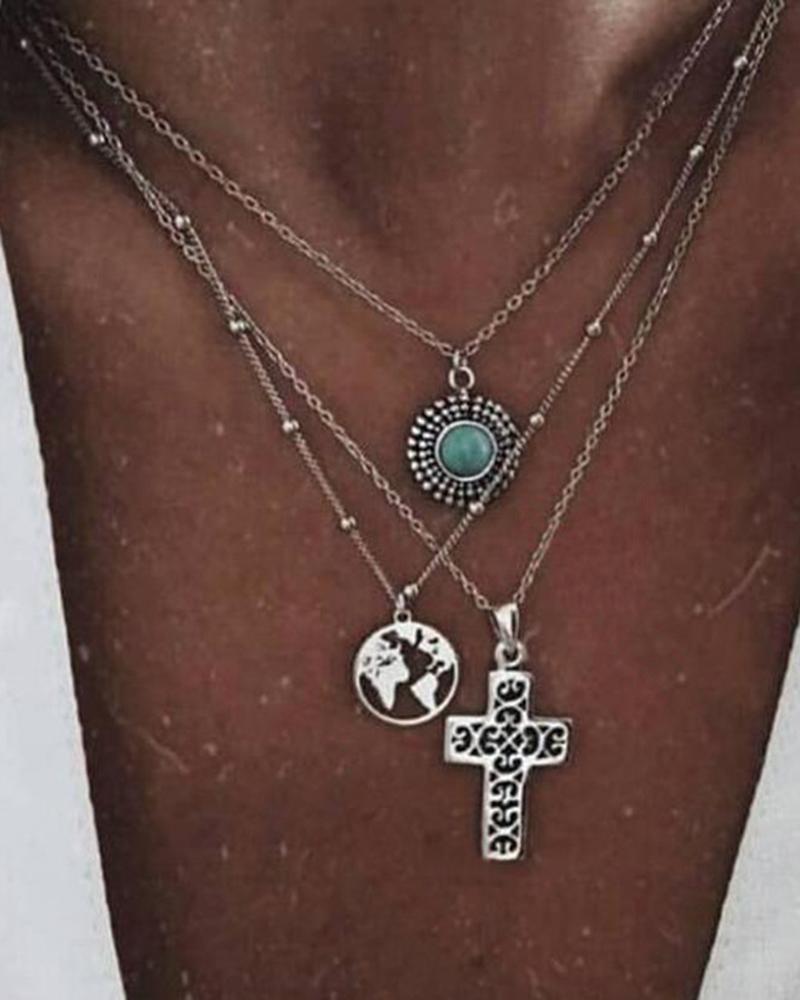 

1pcs Multi-layer Geometric Cross Pendant Necklaces Set, Silver