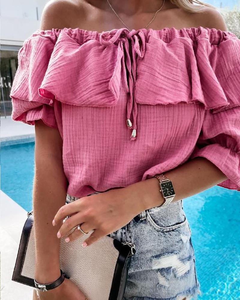 

Off Shoulder Tie Front Drawstring Ruffles Top, Hot pink