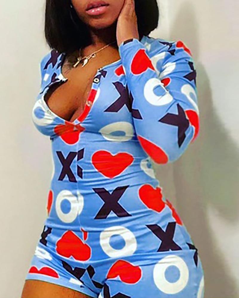 

Letter Print Plunge Romper, Dark blue