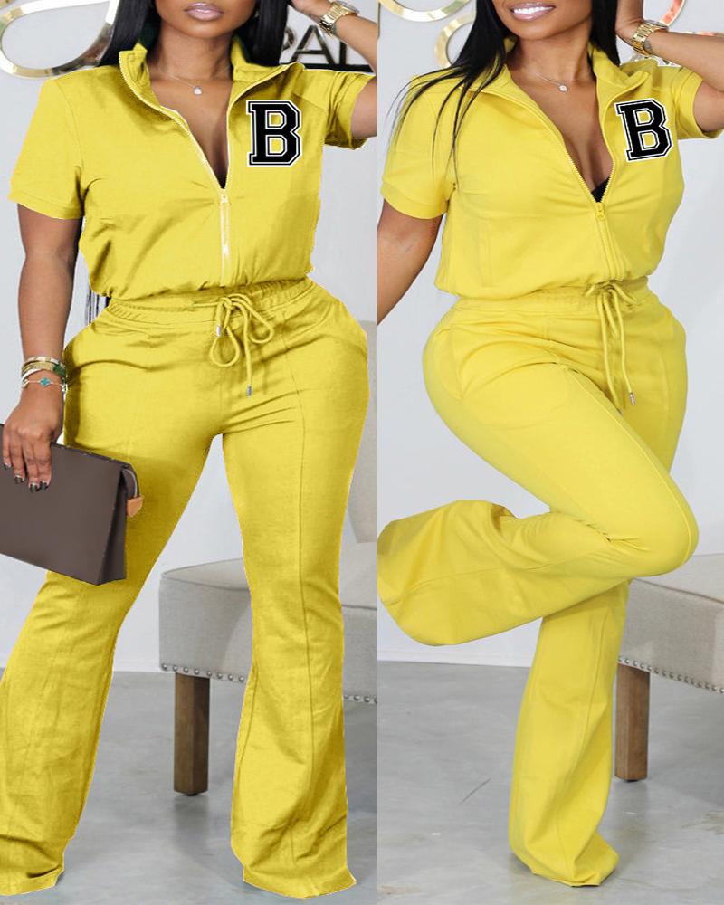 

Plus Size Letter Print Zip Up Top & Drawstring Pants Set, Yellow