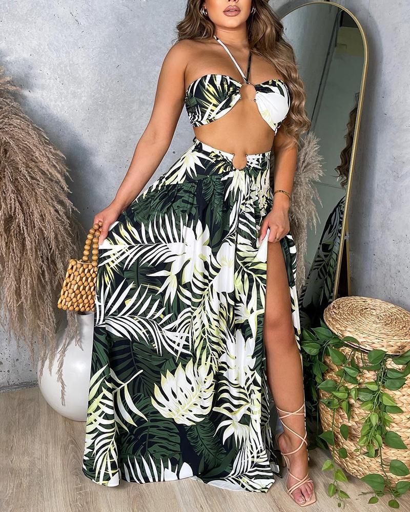 

Tropical Print Halter Crop Top & Slit Skirt Set, White