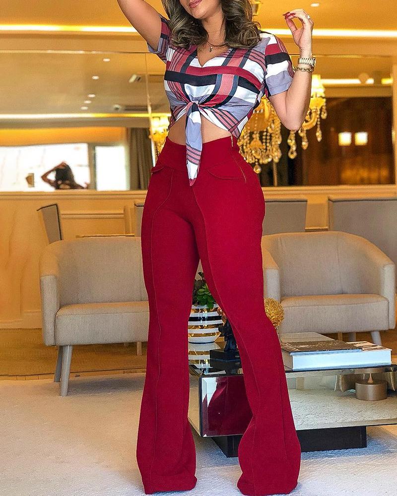 

Plaid Print Tie Front Crop Top & Plain Bootcut Pants Set, Red