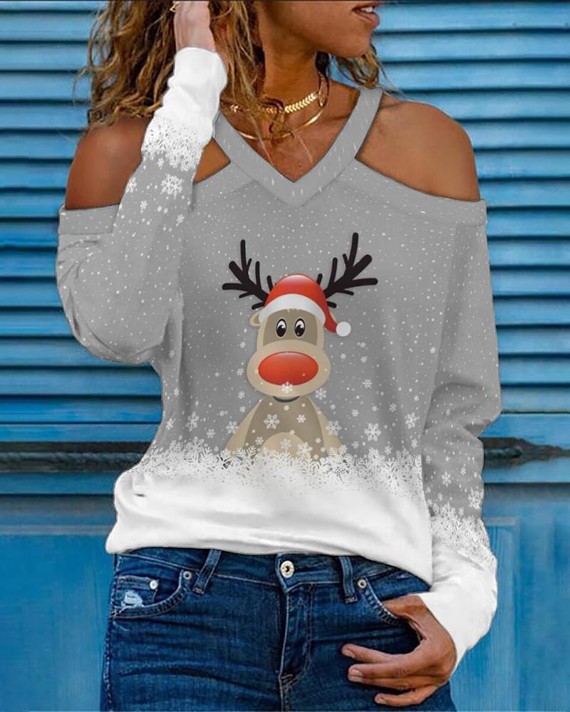 

Christmas Cold Shoulder Snowflake Elk Print Top, Gray