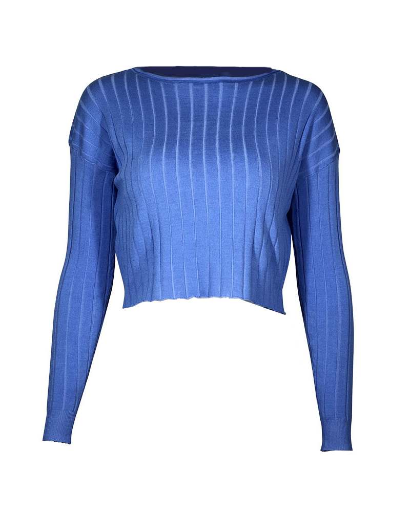 

Plain O-Neck Long Sleeve Crop Casual T-Shirt, Blue