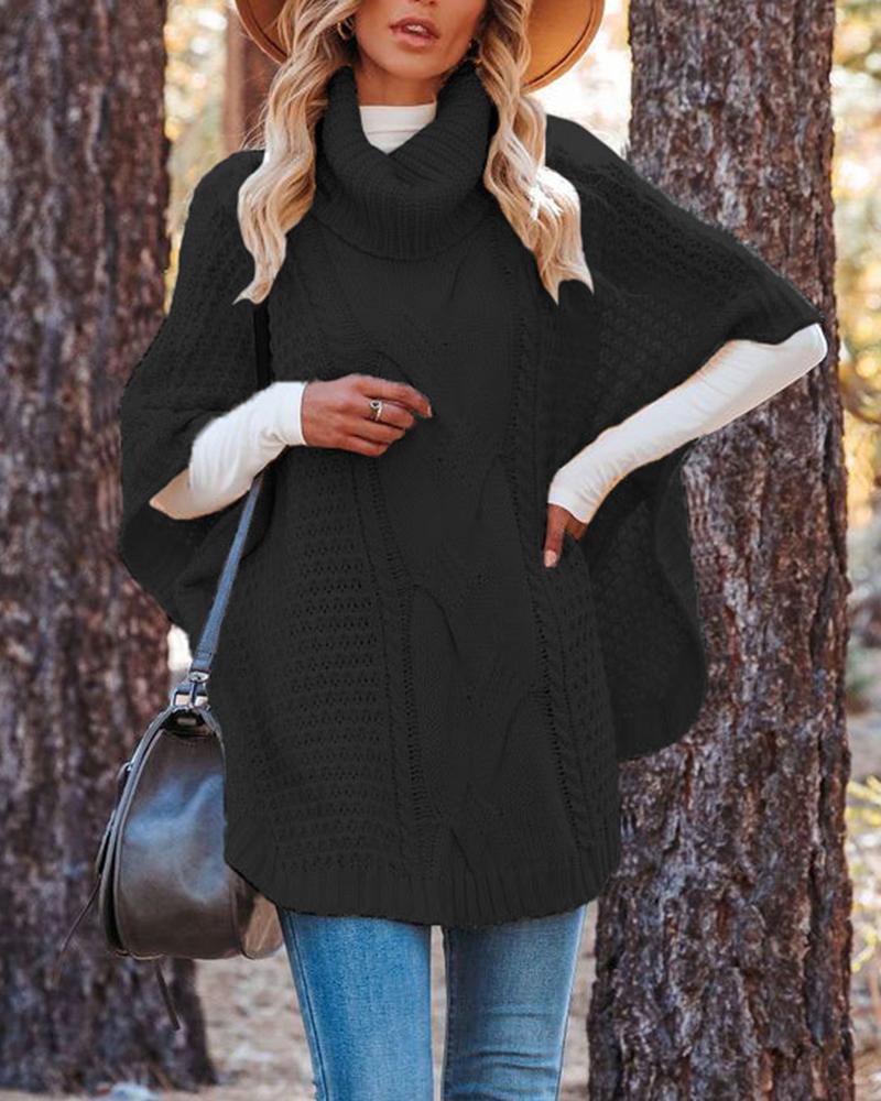 

Cable Knit Slit High Neck Cape Sweater, Black